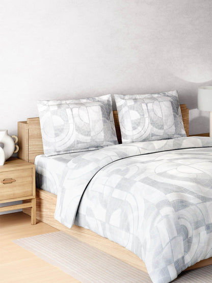 Zera Hygro Cotton 233 TC Percale Weave Geometric Design Large Bedsheet with 2 Pillow Covers, Light Grey