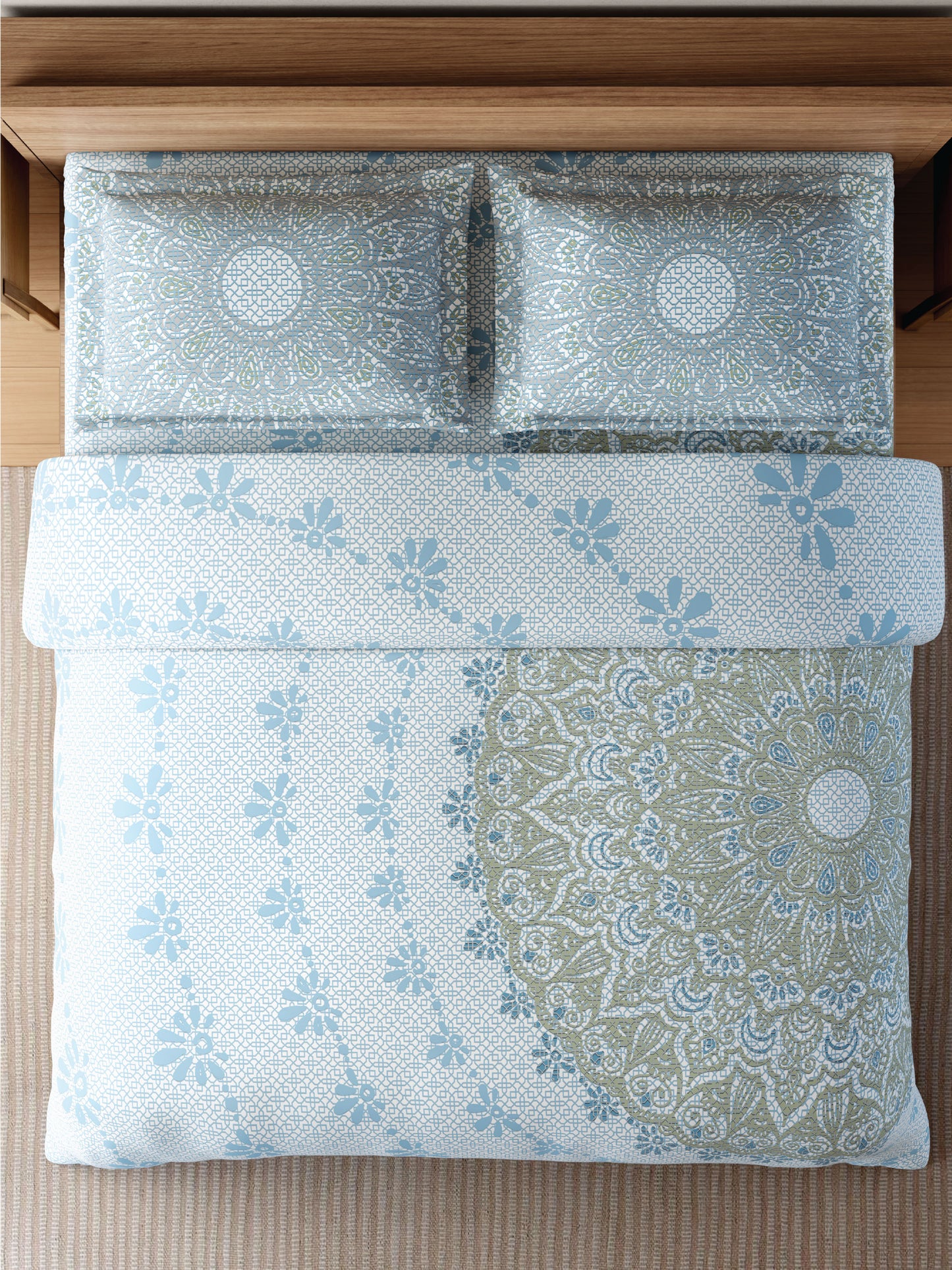 Zera Hygro Cotton 233 TC Percale Weave Ornate Print Large Bedsheet with 2 Pillow Covers, Light Blue
