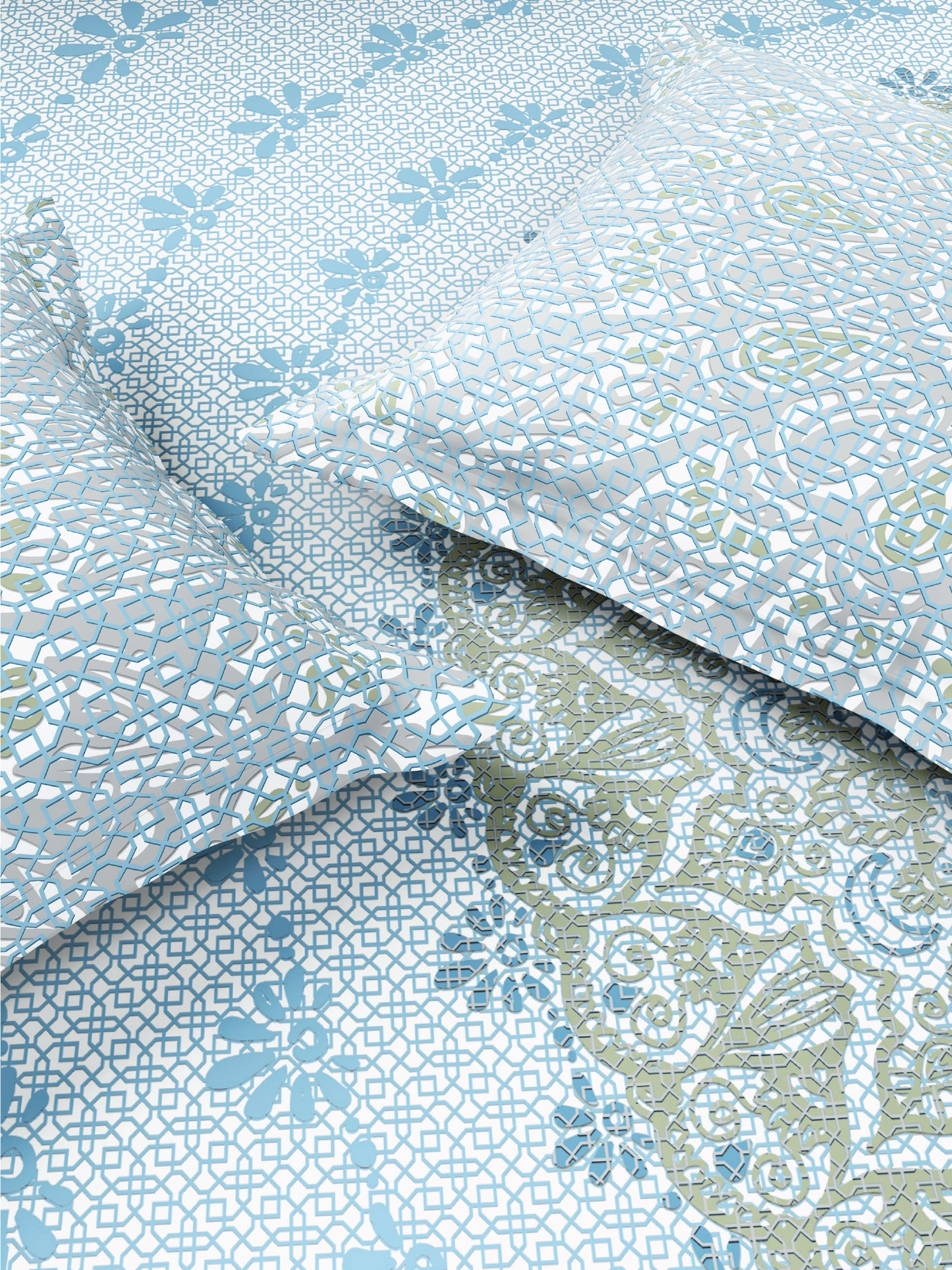 Zera Hygro Cotton 233 TC Percale Weave Ornate Print Large Bedsheet with 2 Pillow Covers, Light Blue
