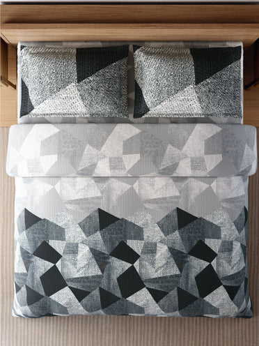 Zera Hygro Cotton 233 TC Percale Weave Geometric Design Large Bedsheet with 2 Pillow Covers, Grey
