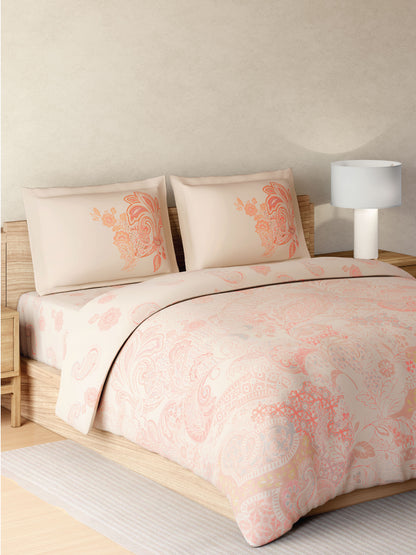 Zera Hygro Cotton 233 TC Percale Weave Ornate Print Large Bedsheet with 2 Pillow Covers, Light Orange