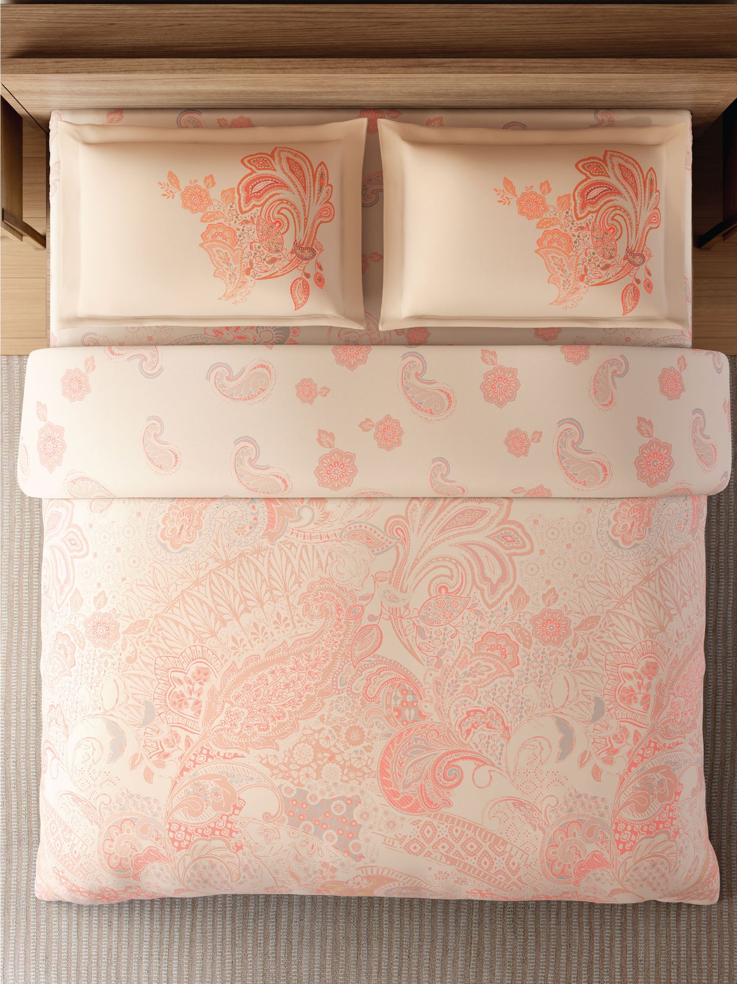 Zera Hygro Cotton 233 TC Percale Weave Ornate Print Large Bedsheet with 2 Pillow Covers, Light Orange