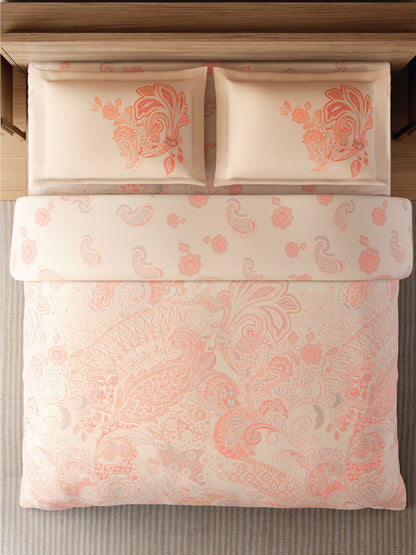 Zera Hygro Cotton 233 TC Percale Weave Ornate Print Large Bedsheet with 2 Pillow Covers, Light Orange