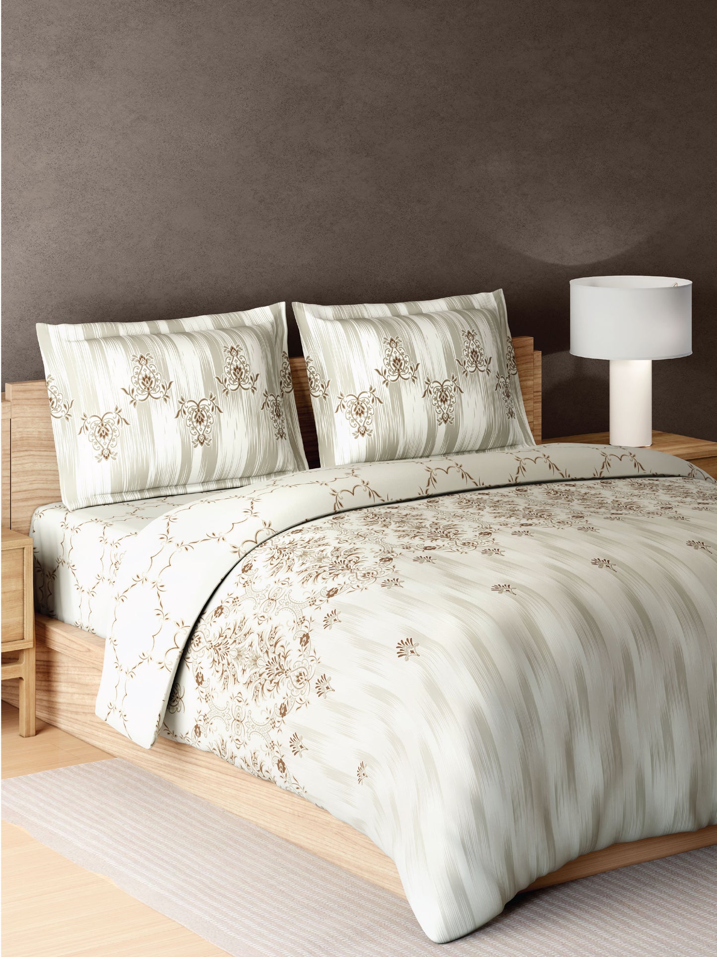 Zera Hygro Cotton 233 TC Percale Weave Ornate Print Large Bedsheet with 2 Pillow Covers, Beige