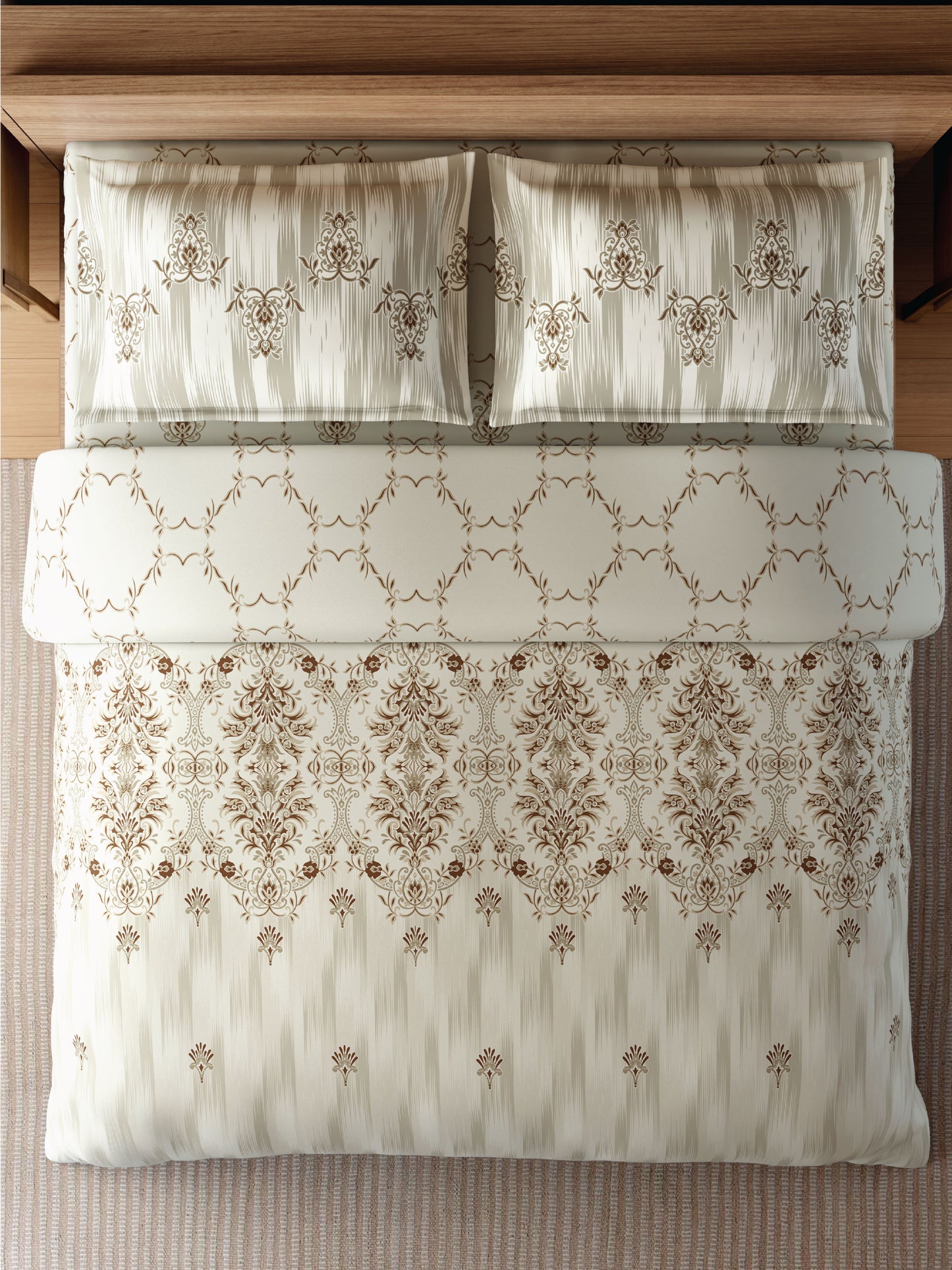 Zera Hygro Cotton 233 TC Percale Weave Ornate Print Large Bedsheet with 2 Pillow Covers, Beige