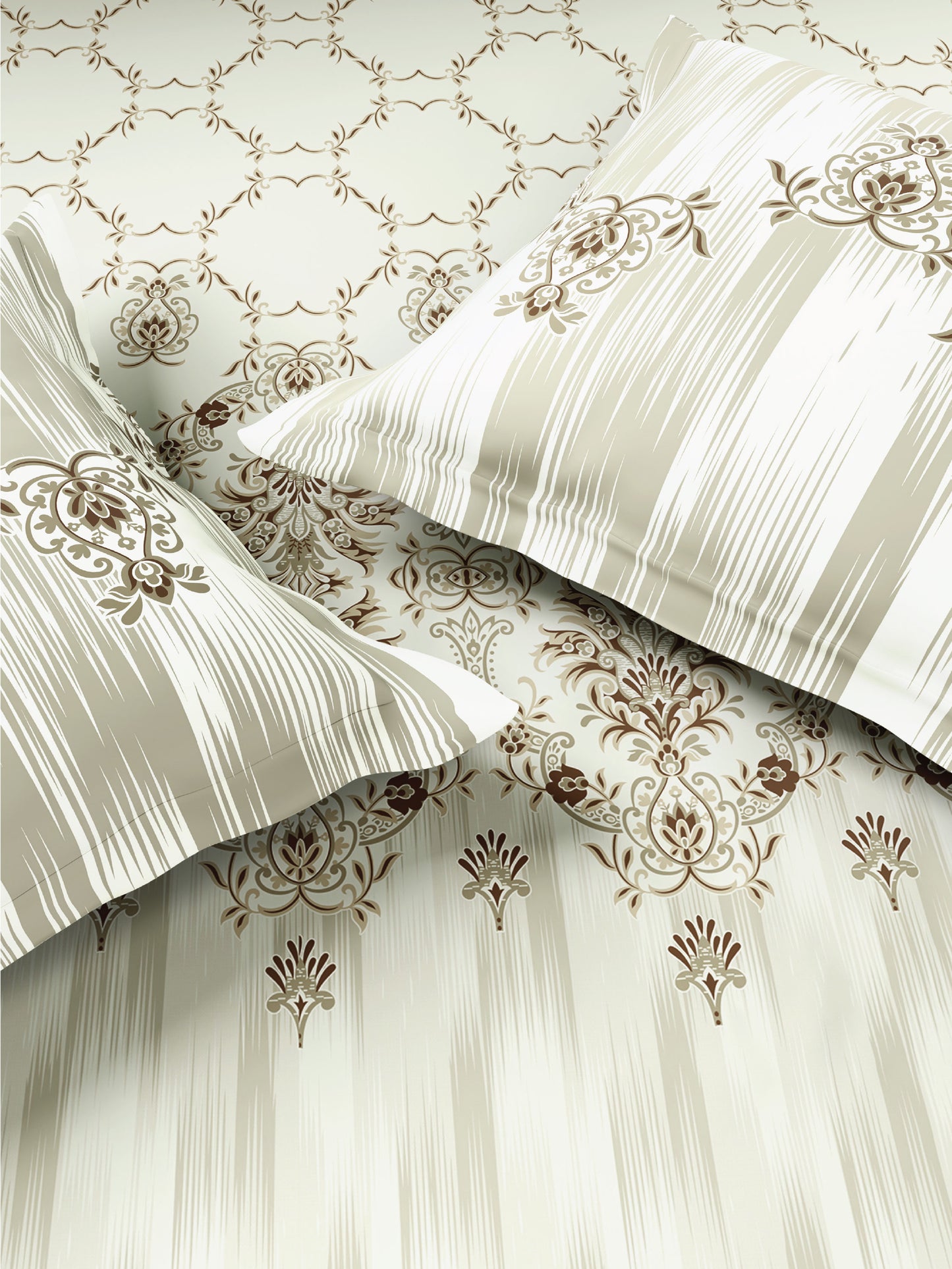 Zera Hygro Cotton 233 TC Percale Weave Ornate Print Large Bedsheet with 2 Pillow Covers, Beige