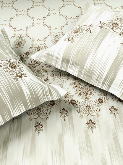 Zera Hygro Cotton 233 TC Percale Weave Ornate Print Large Bedsheet with 2 Pillow Covers, Beige
