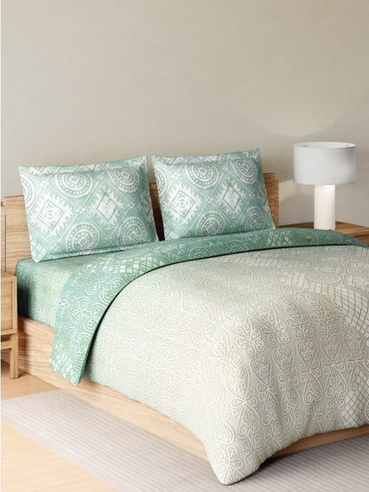 Zera Hygro Cotton 233 TC Percale Weave Ornate Print Large Bedsheet with 2 Pillow Covers, Light Teal