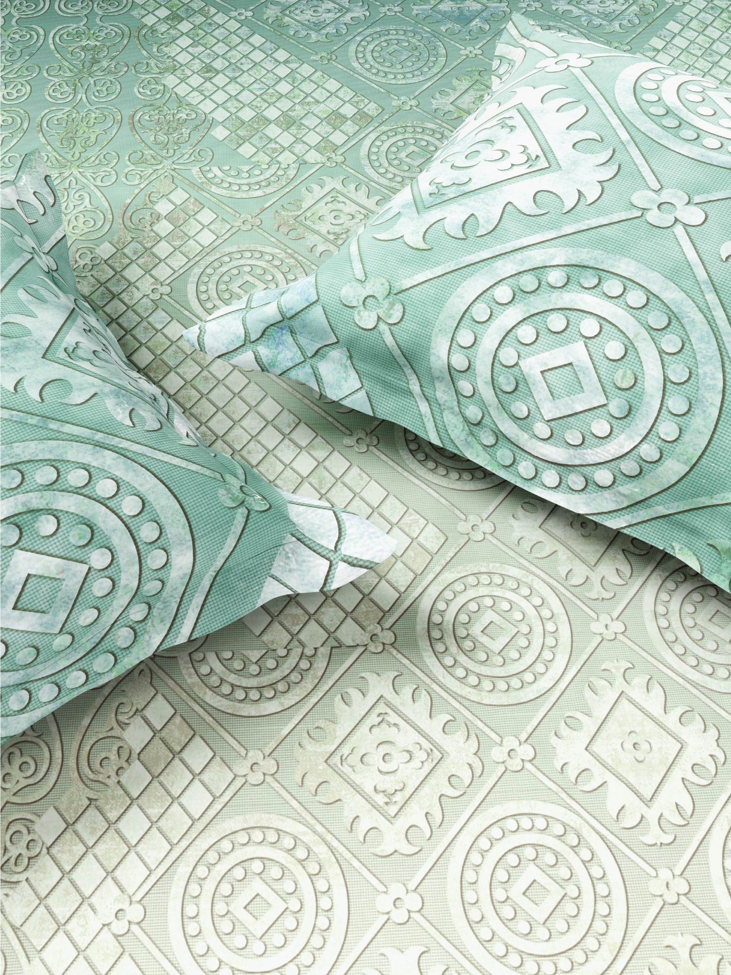 Zera Hygro Cotton 233 TC Percale Weave Ornate Print Large Bedsheet with 2 Pillow Covers, Light Teal