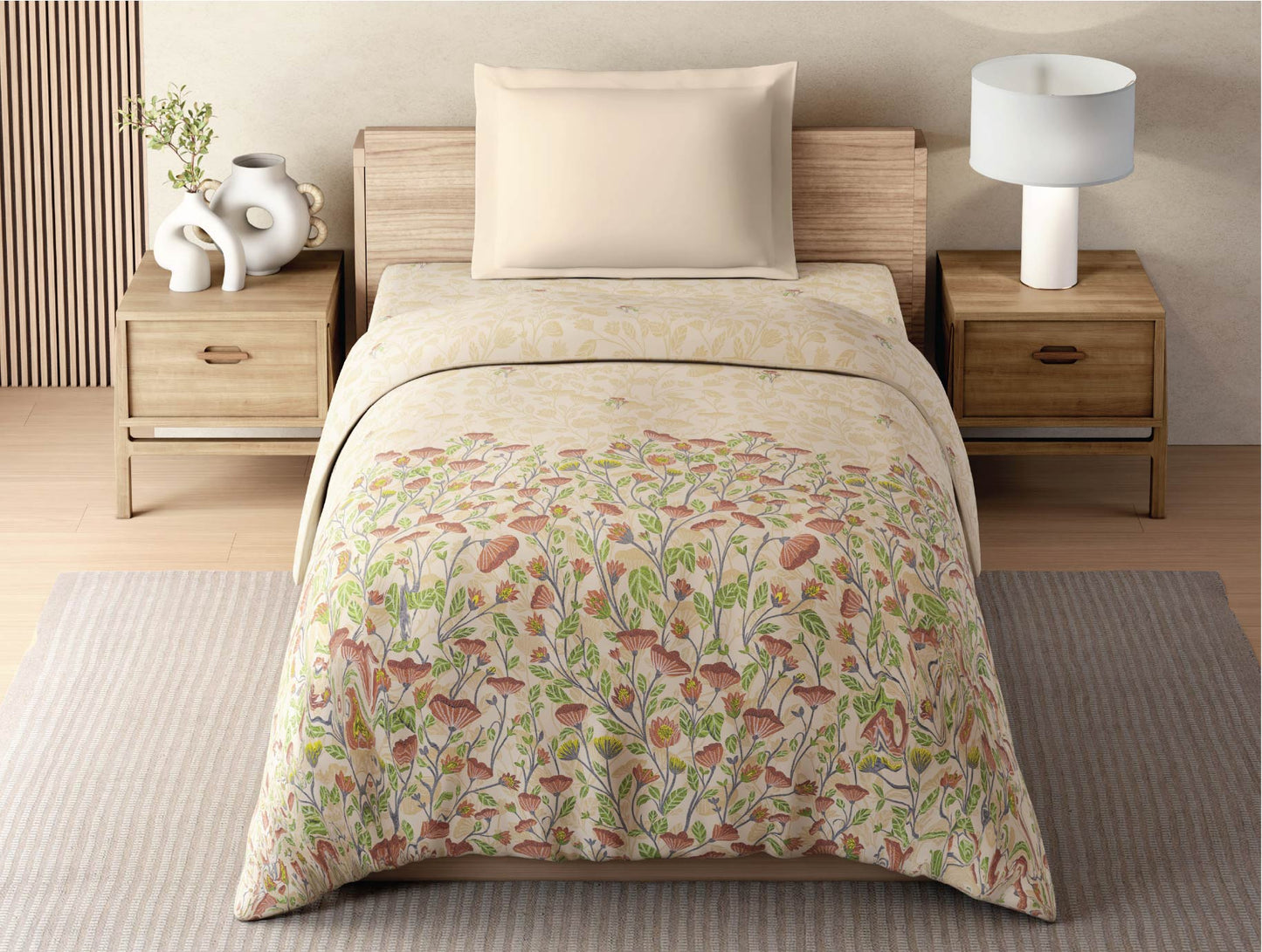 Zera Hygro Cotton 233 TC Percale Floral Single Quilt, Light Beige
