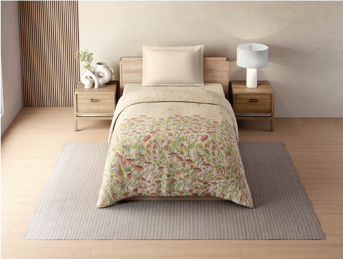 Zera Hygro Cotton 233 TC Percale Floral Single Quilt, Light Beige