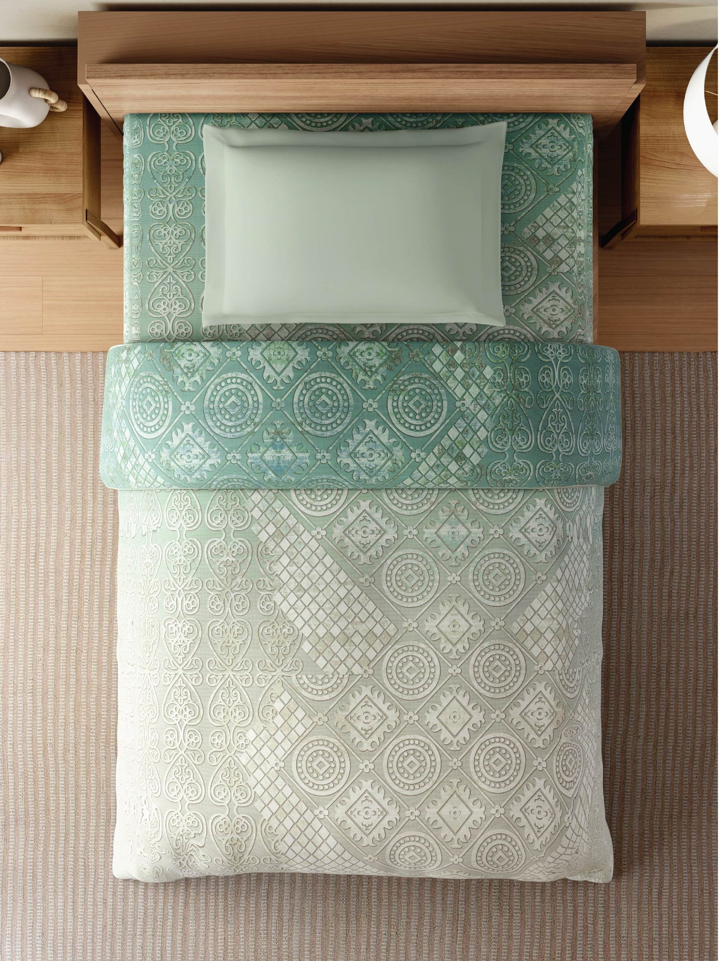 Zera Hygro Cotton 233 TC Percale Ornate Single Quilt, Light Teal