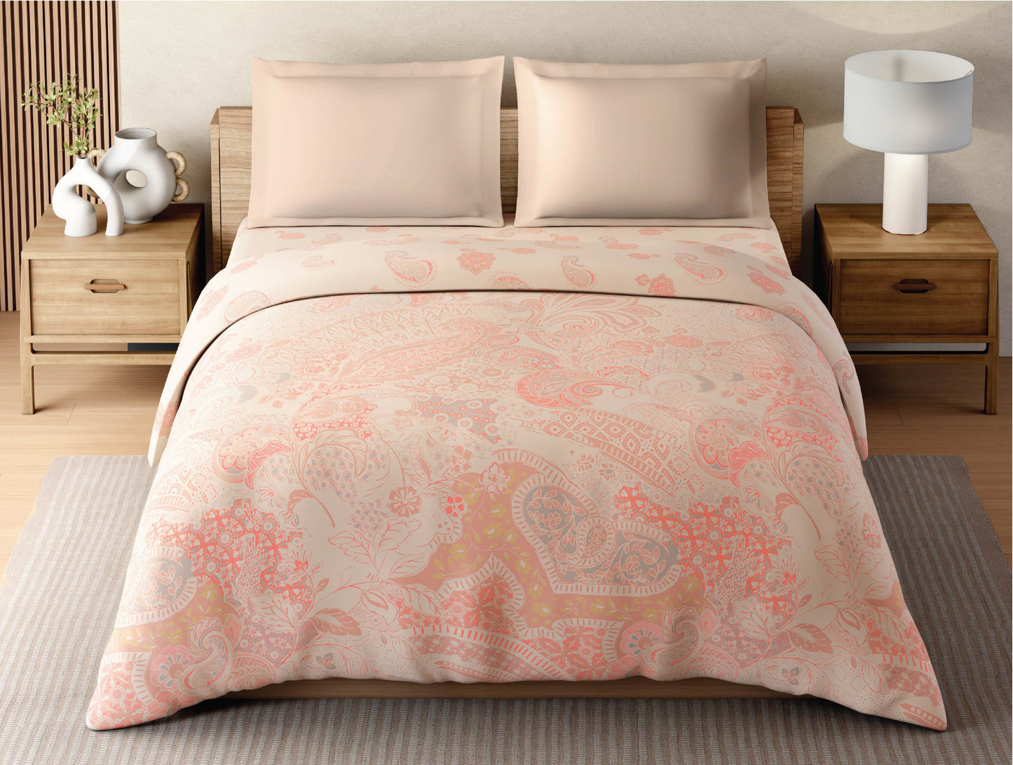 Zera Hygro Cotton 233 TC Percale Ornate Print Double Quilt, Light Orange