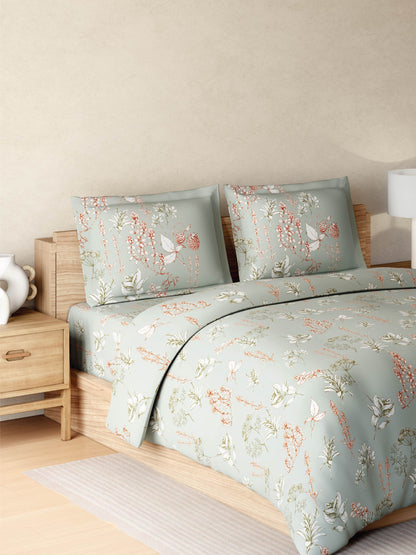 Zera Hygro Cotton 233 TC Percale Weave Floral Print Double Bedsheet and Quilt Set with 2 Pillow Covers, Light Grey