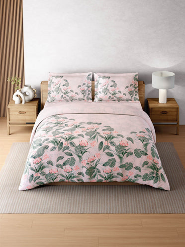 Zera Hygro Cotton 233 TC Percale Weave Floral Print Double Bedsheet and Quilt Set with 2 Pillow Covers, Blush
