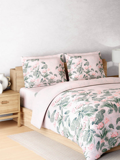 Zera Hygro Cotton 233 TC Percale Weave Floral Print Double Bedsheet and Quilt Set with 2 Pillow Covers, Blush
