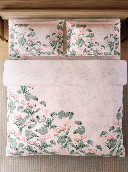 Zera Hygro Cotton 233 TC Percale Weave Floral Print Double Bedsheet and Quilt Set with 2 Pillow Covers, Blush