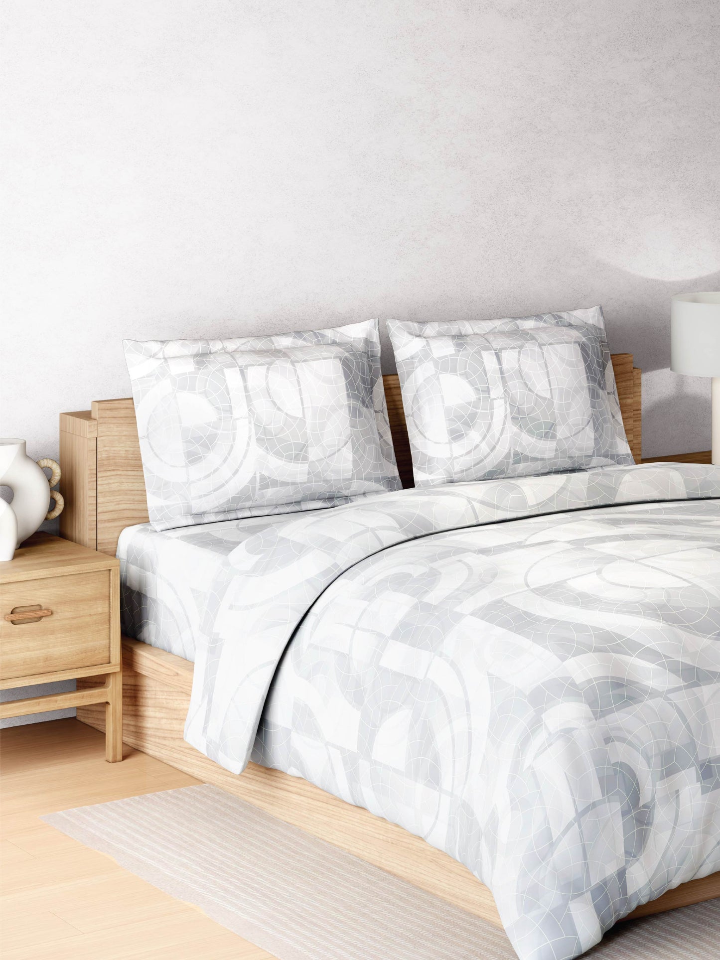Zera Hygro Cotton 233 TC Percale Weave Geometric Design Double Bedsheet and Quilt Set with 2 Pillow Covers, Light Grey