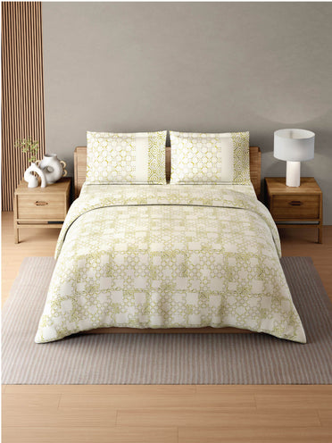 Zera Hygro Cotton 233 TC Percale Weave Geometric Design Double Bedsheet and Quilt Set with 2 Pillow Covers, Pear Sorbet
