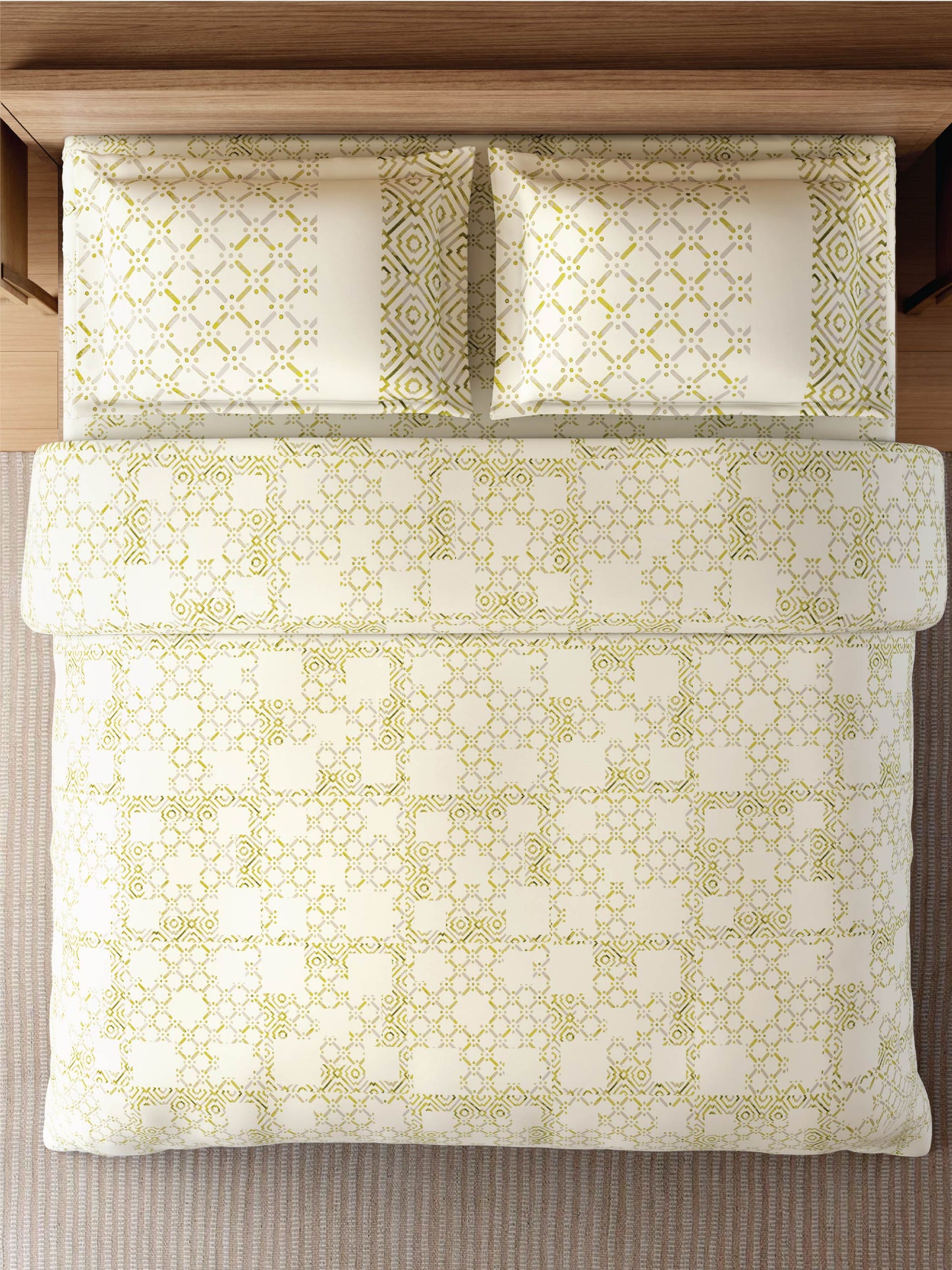 Zera Hygro Cotton 233 TC Percale Weave Geometric Design Double Bedsheet and Quilt Set with 2 Pillow Covers, Pear Sorbet