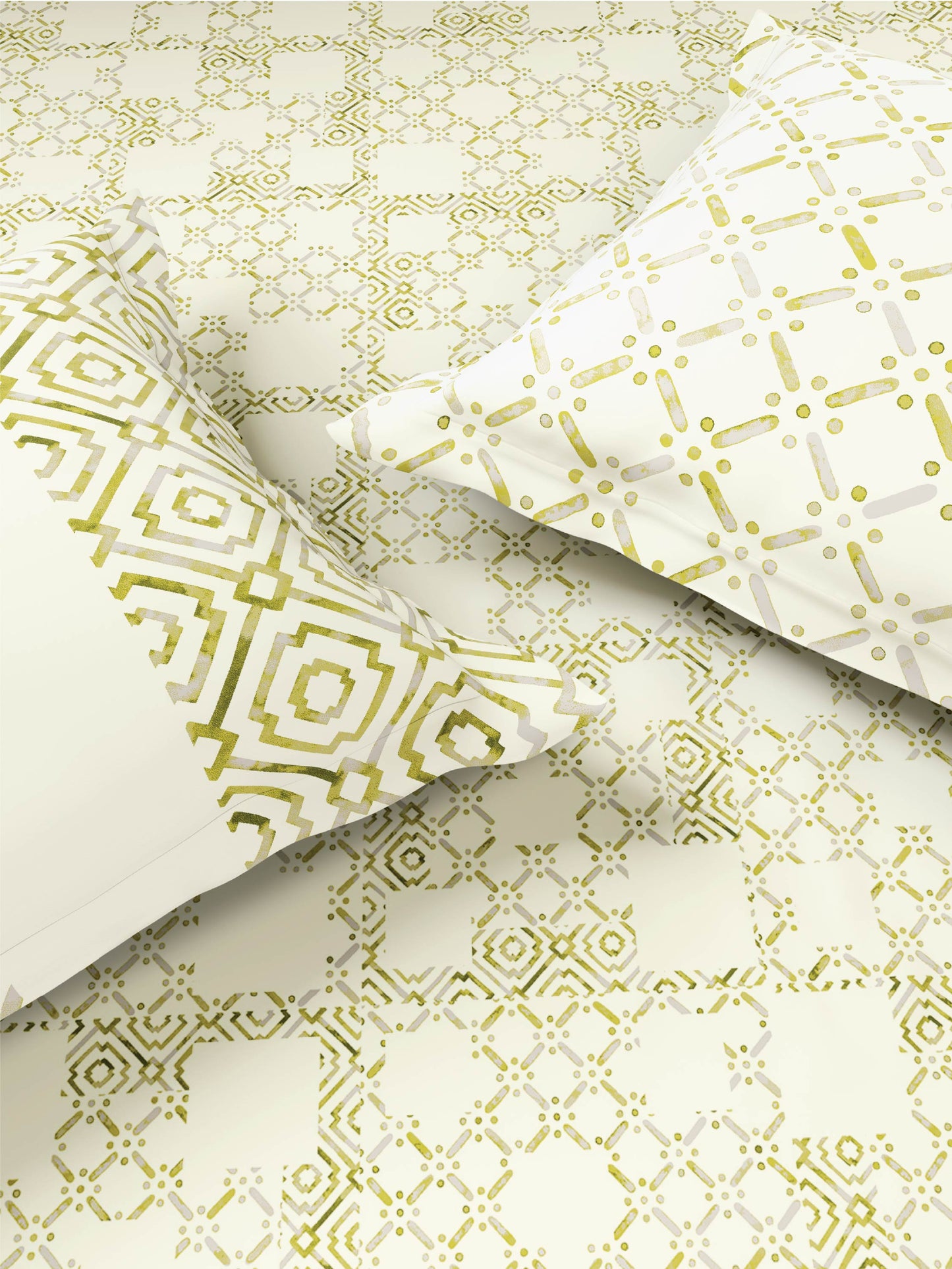 Zera Hygro Cotton 233 TC Percale Weave Geometric Design Double Bedsheet and Quilt Set with 2 Pillow Covers, Pear Sorbet