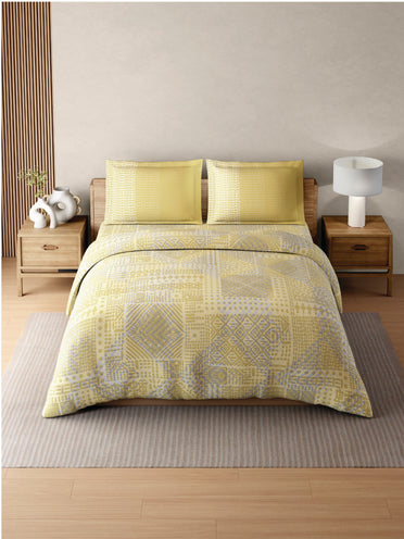 Zera Hygro Cotton 233 TC Percale Weave Geometric Design Double Bedsheet and Quilt Set with 2 Pillow Covers, Lemonade