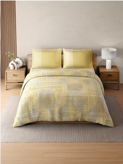 Zera Hygro Cotton 233 TC Percale Weave Geometric Design Double Bedsheet and Quilt Set with 2 Pillow Covers, Lemonade