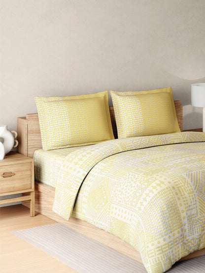 Zera Hygro Cotton 233 TC Percale Weave Geometric Design Double Bedsheet and Quilt Set with 2 Pillow Covers, Lemonade