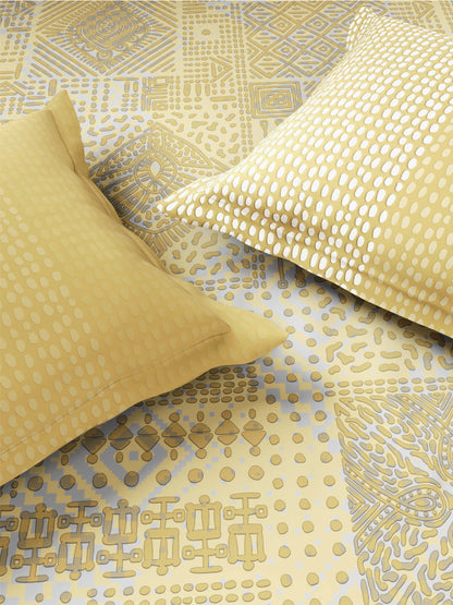 Zera Hygro Cotton 233 TC Percale Weave Geometric Design Double Bedsheet and Quilt Set with 2 Pillow Covers, Lemonade