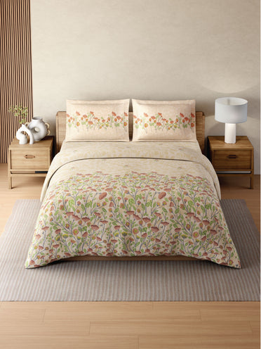 Zera Hygro Cotton 233 TC Percale Weave Floral Print Double Bedsheet and Quilt Set with 2 Pillow Covers, Light Beige