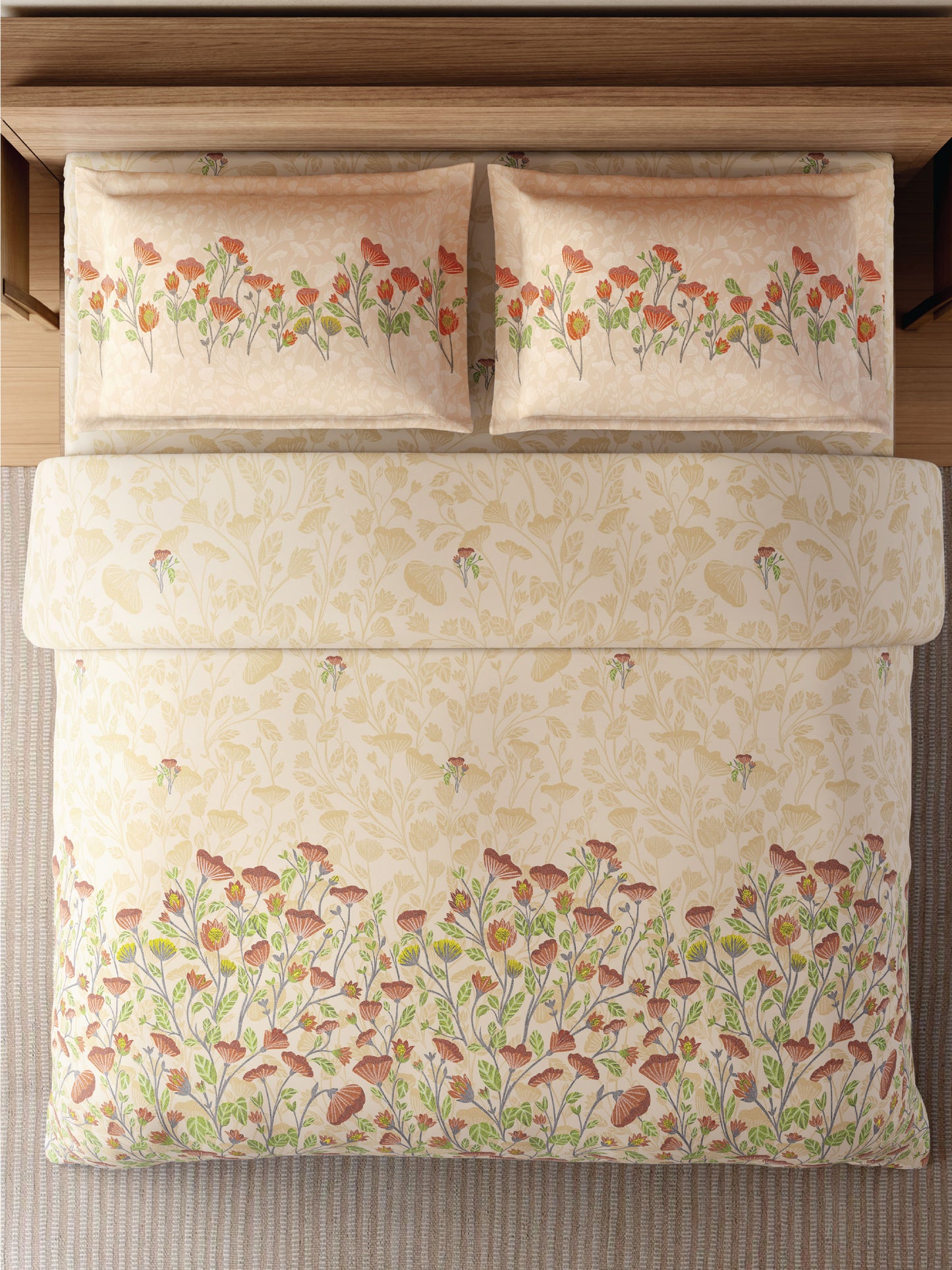 Zera Hygro Cotton 233 TC Percale Weave Floral Print Double Bedsheet and Quilt Set with 2 Pillow Covers, Light Beige