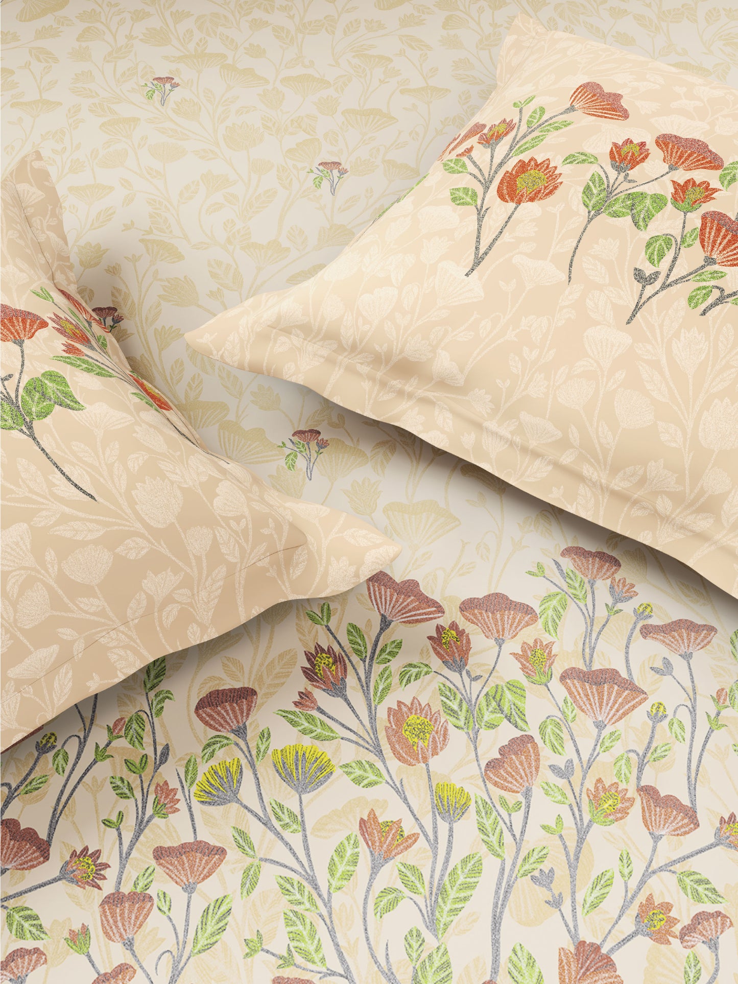 Zera Hygro Cotton 233 TC Percale Weave Floral Print Double Bedsheet and Quilt Set with 2 Pillow Covers, Light Beige