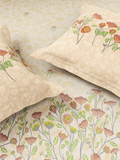 Zera Hygro Cotton 233 TC Percale Weave Floral Print Double Bedsheet and Quilt Set with 2 Pillow Covers, Light Beige