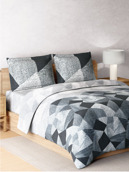 Zera Hygro Cotton 233 TC Percale Weave Geometric Design Double Bedsheet and Quilt Set with 2 Pillow Covers, Grey