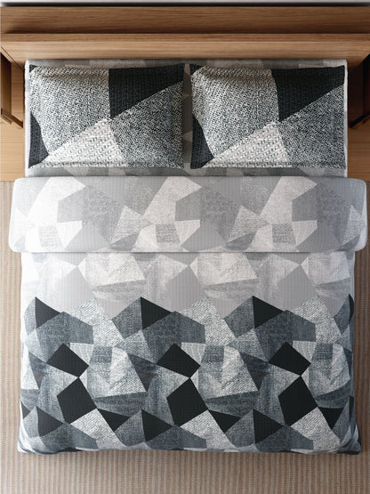 Zera Hygro Cotton 233 TC Percale Weave Geometric Design Double Bedsheet and Quilt Set with 2 Pillow Covers, Grey