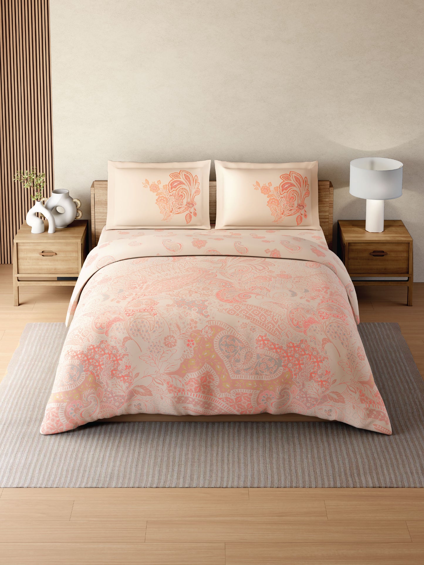 Zera Hygro Cotton 233 TC Percale Weave Ornate Print Double Bedsheet and Quilt Set with 2 Pillow Covers, Light Orange