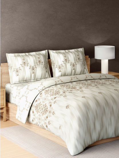 Zera Hygro Cotton 233 TC Percale Weave Ornate Print Double Bedsheet and Quilt Set with 2 Pillow Covers, Beige