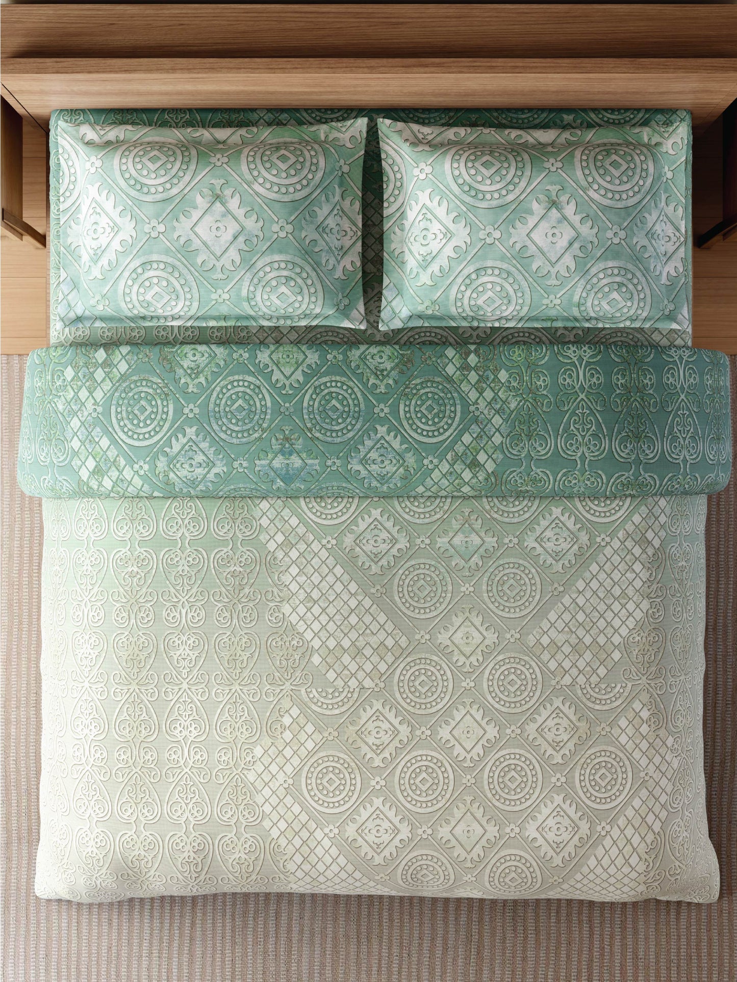 Zera Hygro Cotton 233 TC Percale Weave Ornate Print Double Bedsheet and Quilt Set with 2 Pillow Covers, Light Teal