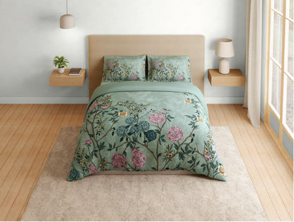 Spaces Natures Abode 100% Cotton 180 TC Percale Floral Permium Large Bedsheet with 4 Pillow Covers, Light Aqua