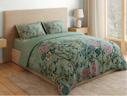 Spaces Natures Abode 100% Cotton 180 TC Percale Floral Permium Large Bedsheet with 4 Pillow Covers, Light Aqua