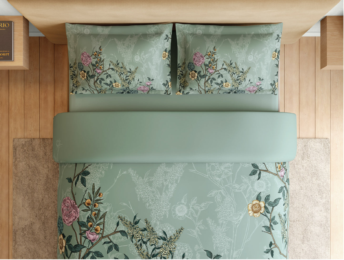Spaces Natures Abode 100% Cotton 180 TC Percale Floral Permium Large Bedsheet with 4 Pillow Covers, Light Aqua