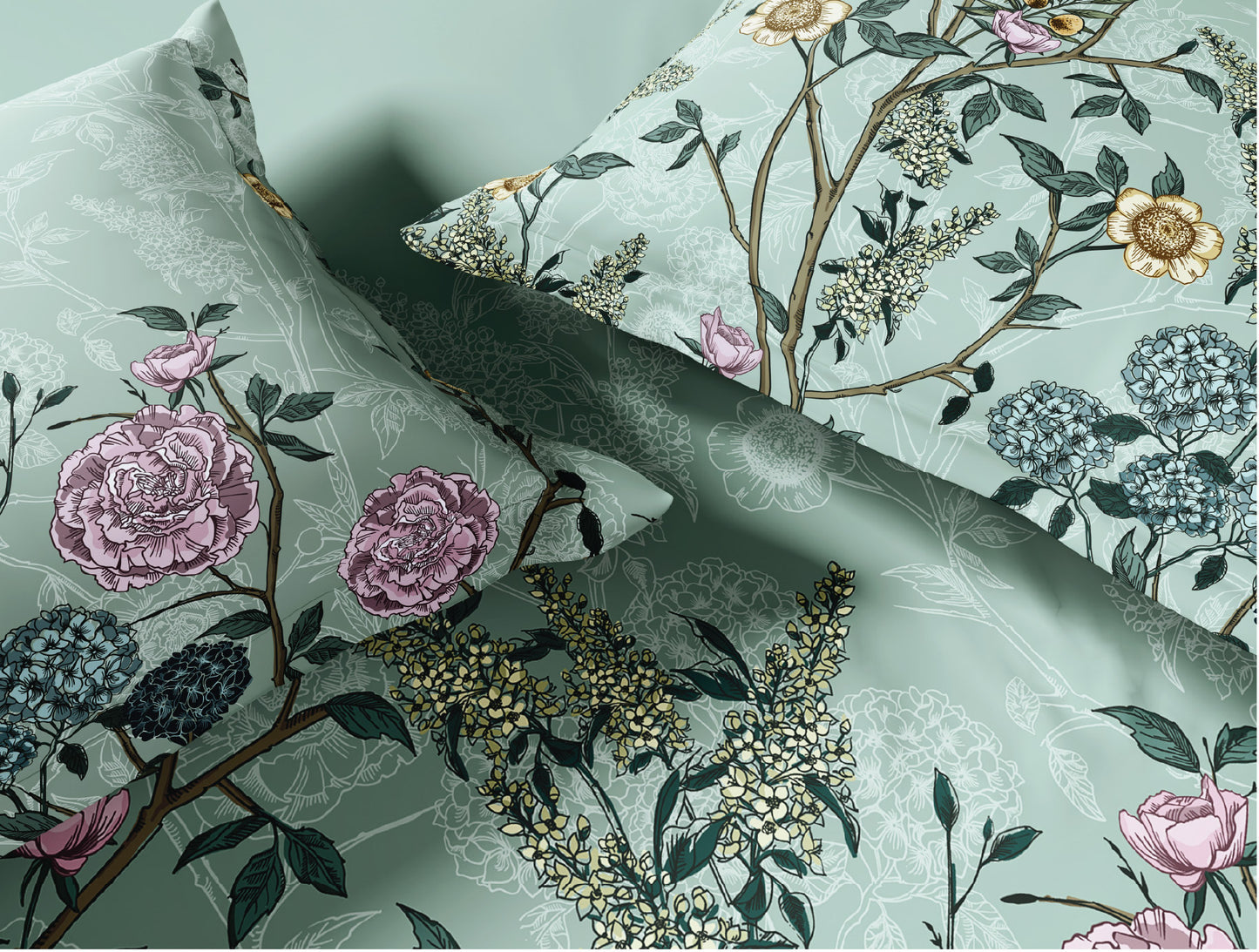 Spaces Natures Abode 100% Cotton 180 TC Percale Floral Permium Large Bedsheet with 4 Pillow Covers, Light Aqua