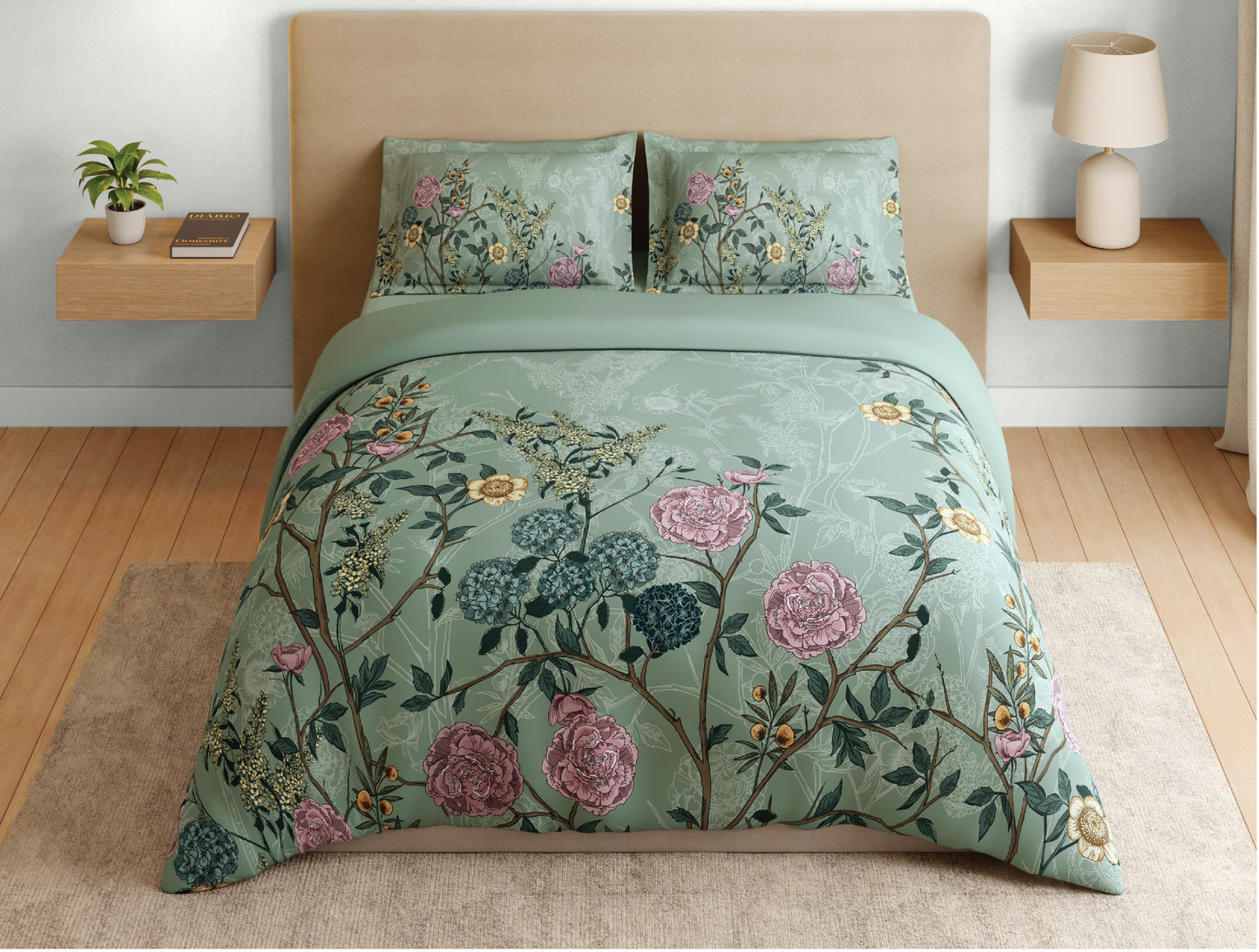 Spaces Natures Abode 100% Cotton 180 TC Percale Floral Permium Large Bedsheet with 4 Pillow Covers, Light Aqua