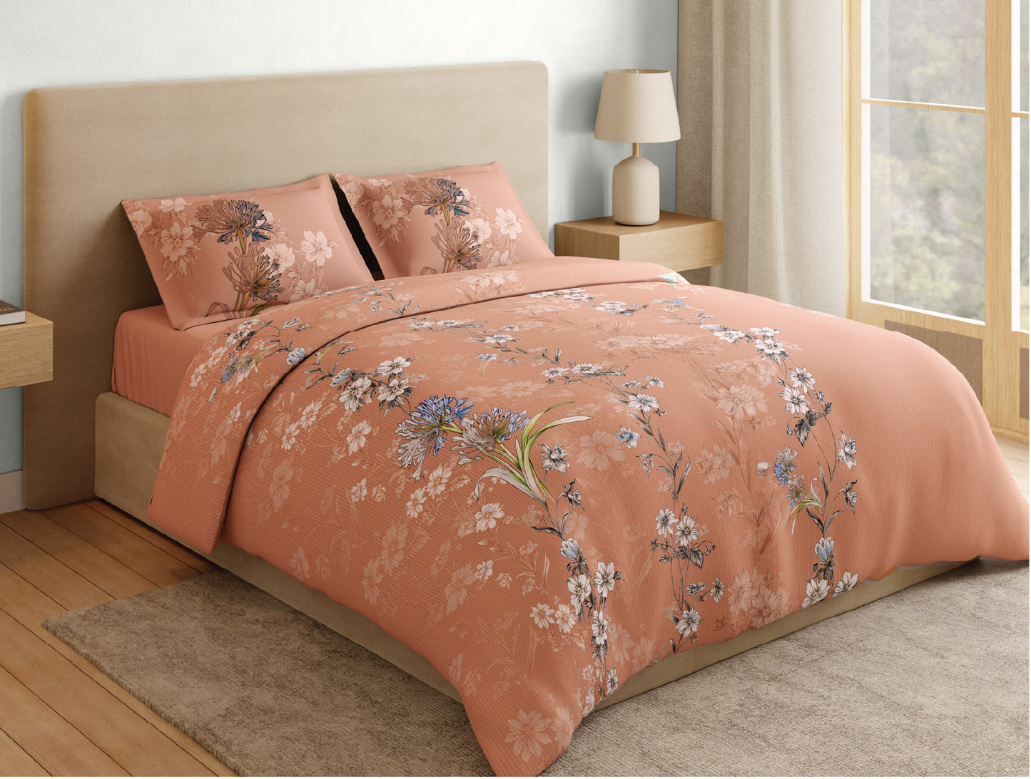 Spaces Natures Abode 100% Cotton 180 TC Percale Floral Permium Large Bedsheet with 4 Pillow Covers, Light Coral