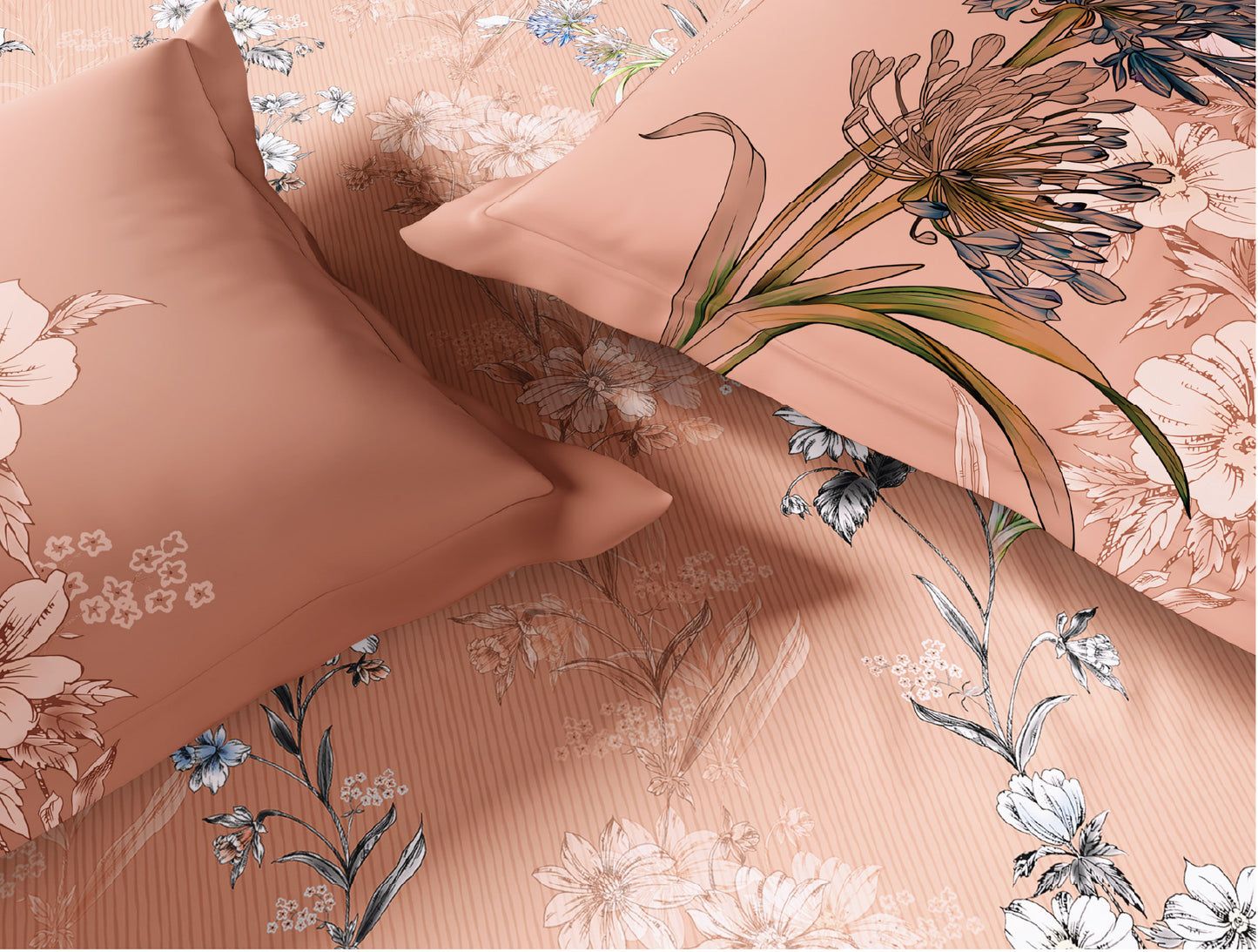 Spaces Natures Abode 100% Cotton 180 TC Percale Floral Permium Large Bedsheet with 4 Pillow Covers, Light Coral