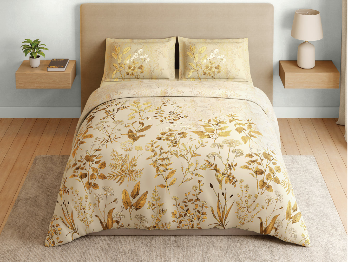Spaces Natures Abode 100% Cotton 180 TC Percale Floral Permium Large Bedsheet with 4 Pillow Covers, Light Yellow