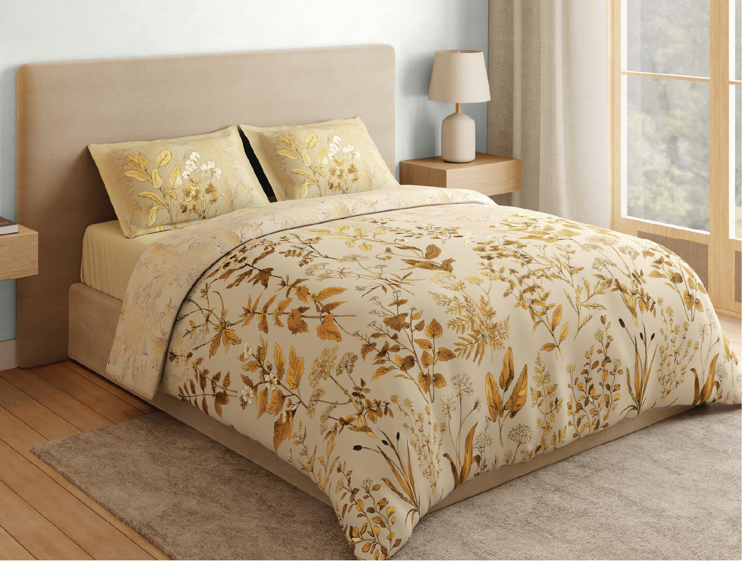 Spaces Natures Abode 100% Cotton 180 TC Percale Floral Permium Large Bedsheet with 4 Pillow Covers, Light Yellow