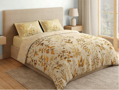 Spaces Natures Abode 100% Cotton 180 TC Percale Floral Permium Large Bedsheet with 4 Pillow Covers, Light Yellow