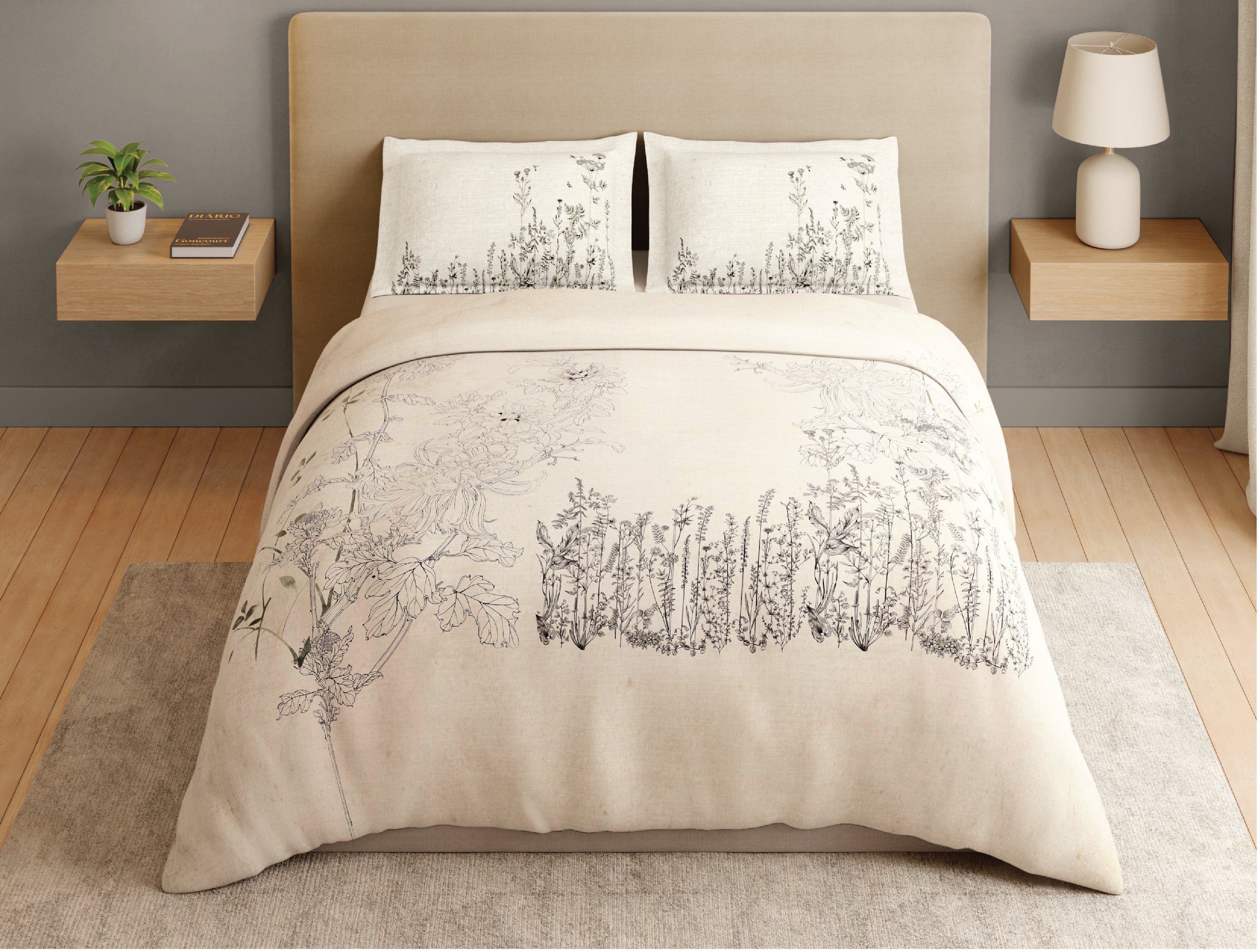 Beige bed with patterned bedding in a bedroom setting