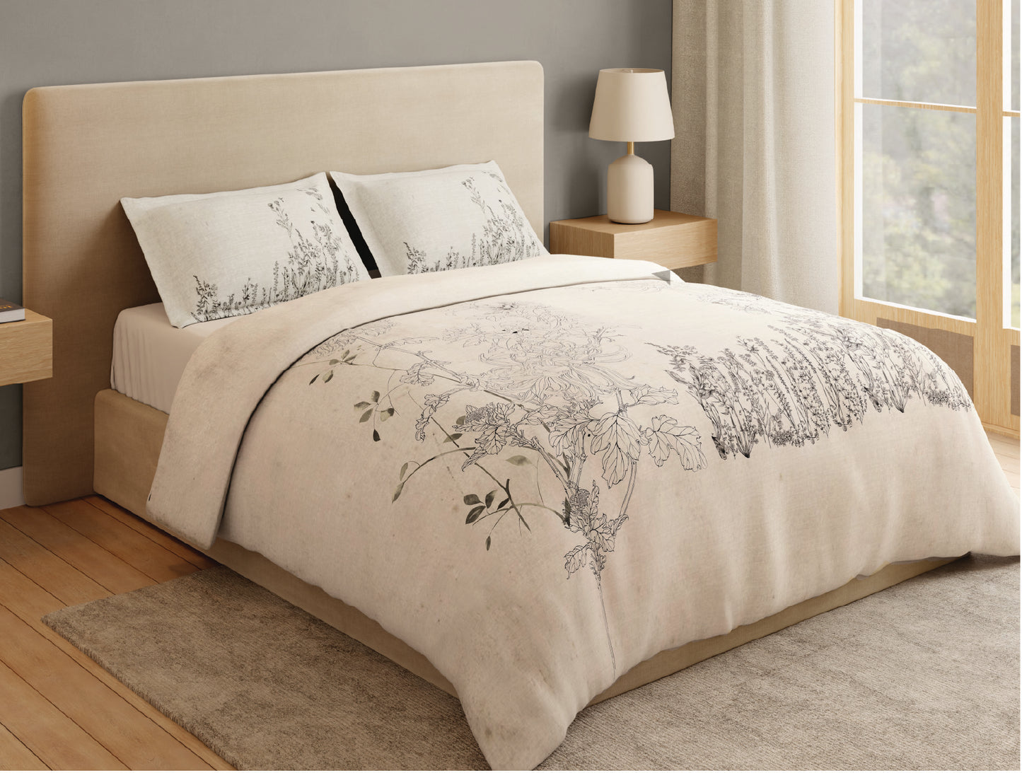 Spaces Natures Abode 100% Cotton 180 TC Percale Floral Permium Large Bedsheet with 4 Pillow Covers, Cream